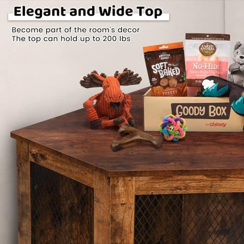 VITESSE Corner Dog Crate Furniture, 44/52inch Durable Wooden Dog Kennel End Table, Indoor Decorative Puppy Kennel with Metal Mesh, Heavy-Duty Pet House for Large Dogs with Portable Switch, TV Stand