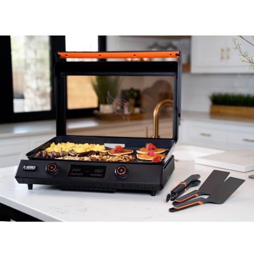 Blackstone 22-Inch Electric Griddle - 1200W Non Stick Ceramic Titanium Coated Stainless Steel Tabletop Griddle with EZ-Touch Control Dial, LCD Display, Patented Rotate & Remove Glass Hood - 8001