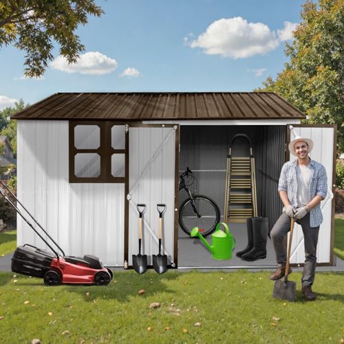 10' x 8' Large Outdoor Storage Shed, Sturdy Metal Building w/Windows & Lockable Doors for Garden, Backyard, Poolside and Lawn, Grey