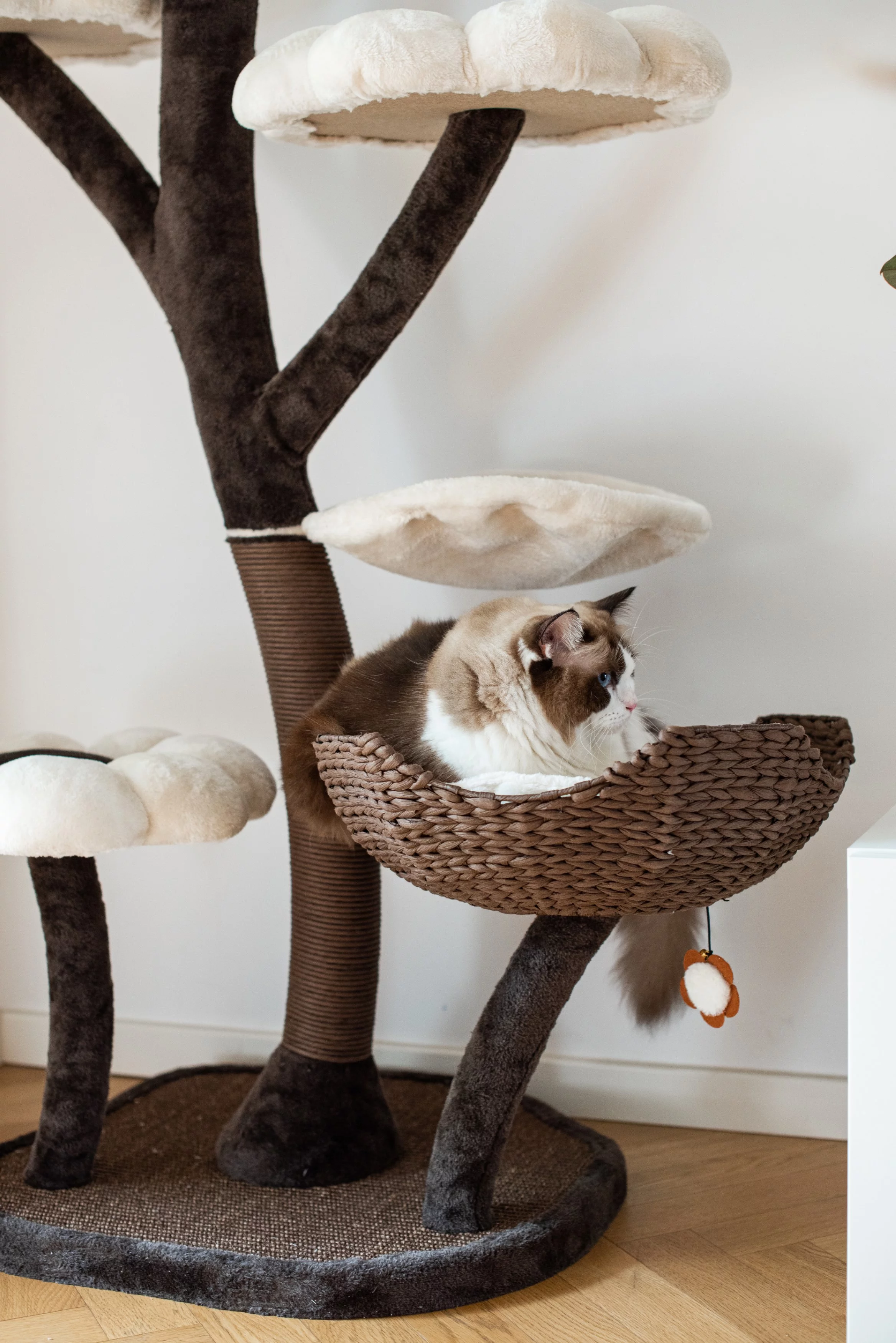 Catry 59" Natural Blossom Flower Woven Tree Branches Large Cat Tree 6-Level Cat Tower w/ Hammock Foam-Padded Perches Basket for Large Adult Cats Play House Indoor Climbing Modern Cat Furniture