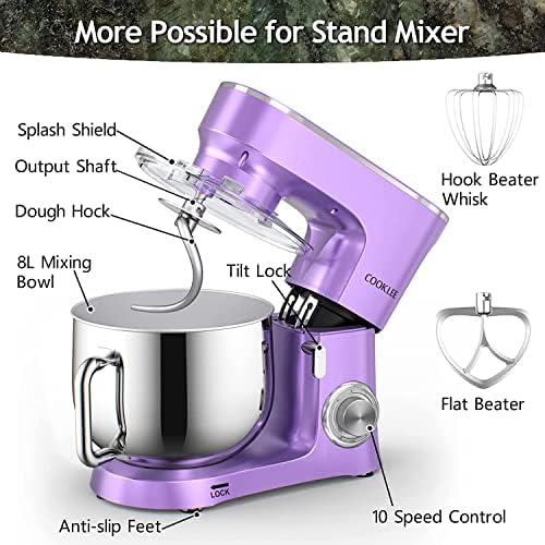 COOKLEE Stand Mixer, 9.5 Qt. 660W Electric Kitchen Mixer with Dishwasher-Safe Dough Hooks, Flat Beaters, Wire Whip & Pouring Shield Attachments for Most Home Cooks, Silver