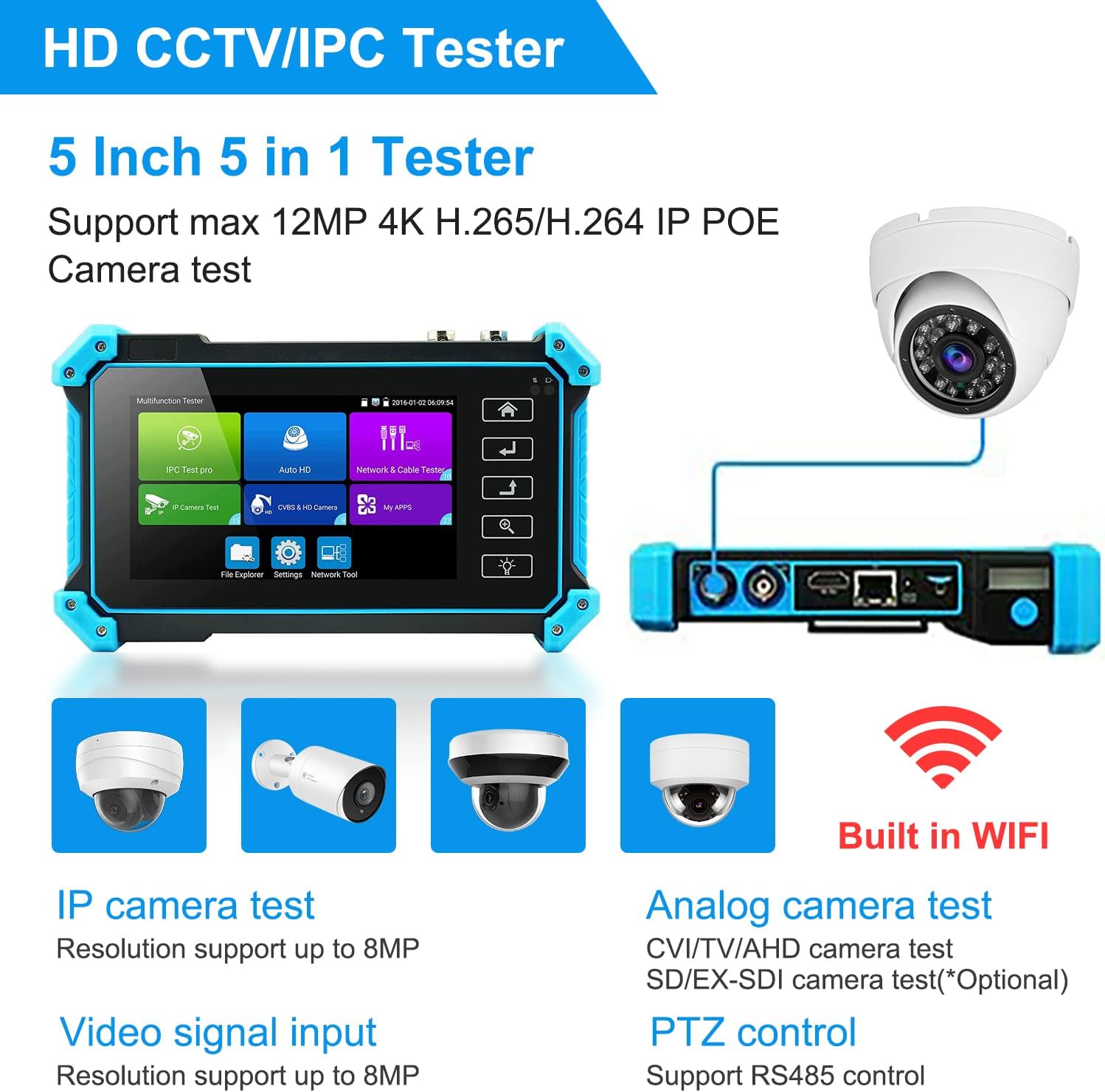 5 Inch 4 in 1 CCTV Monitor Tester, AHD/TVI/CVI/CVBS Coaxial Analog Video Monitor Tester, UTP/PTZ Cable Test for 1080P/3MP/4MP/5MP Analog Security Camera, VGA DC12V Output Camera Portable CCTV Tester