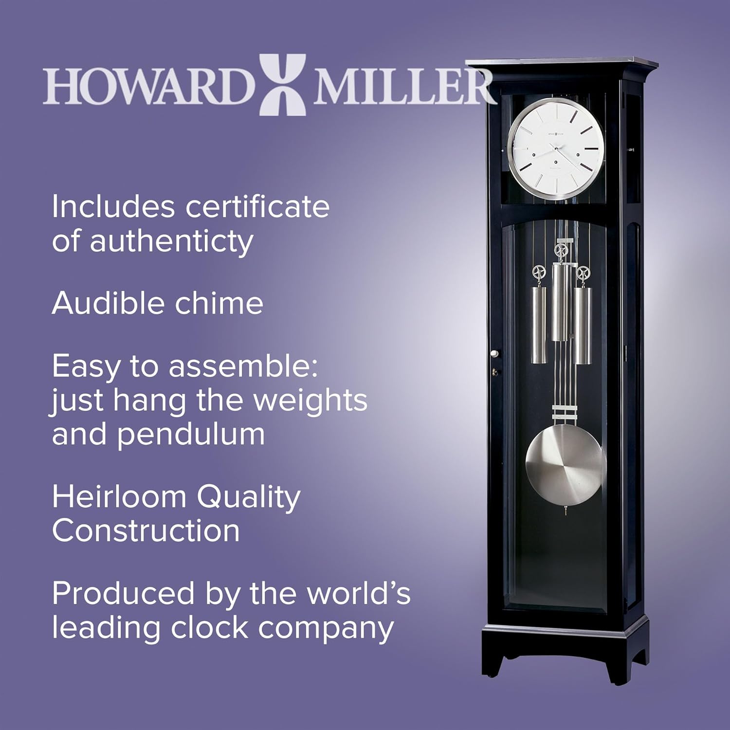 Howard Miller Urban III Floor Clock 660-125 – Black Satin Finish, Vertical Grandfather Home Decor, Cable-Driven Single-Chime Movement, Chime Silence Option