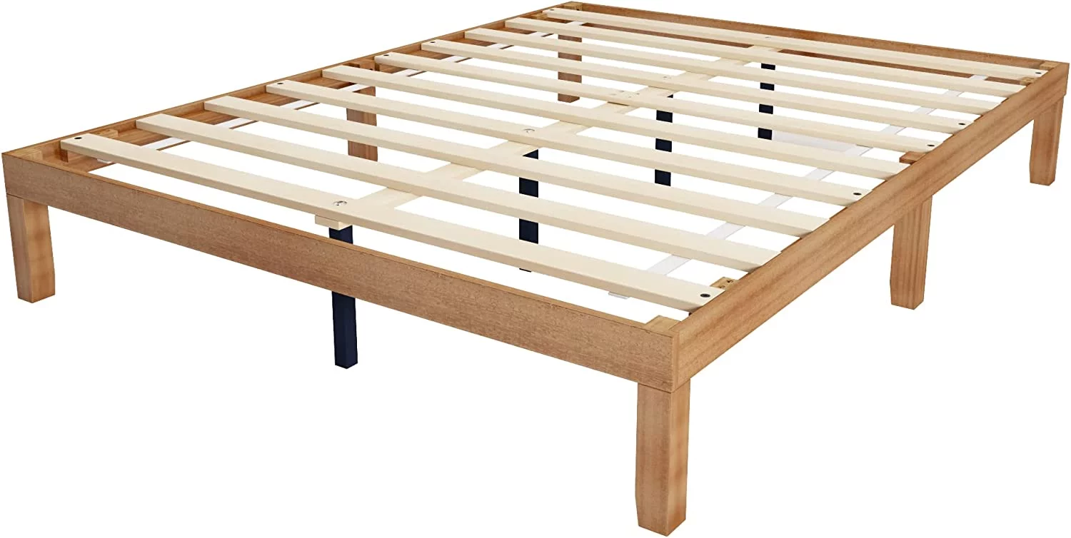 AngLink Queen Size Wood Platform Bedframe - No Headboard Bed Frame with 10 Legs Support, No Box Spring Needed, Strong Wood Slat Support, Easy Assembly丨Natural