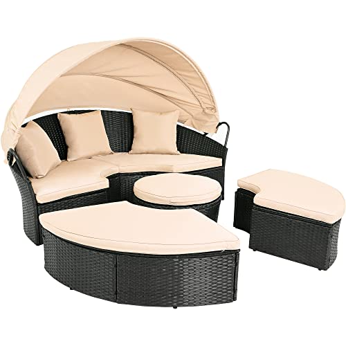 YITAHOME Outdoor Patio Wicker Daybed Furniture Set with Retractable Canopy, Storable Side Table, and Soft Cushions for Relaxing in your Backyard or Porch, Light Brown and Beige