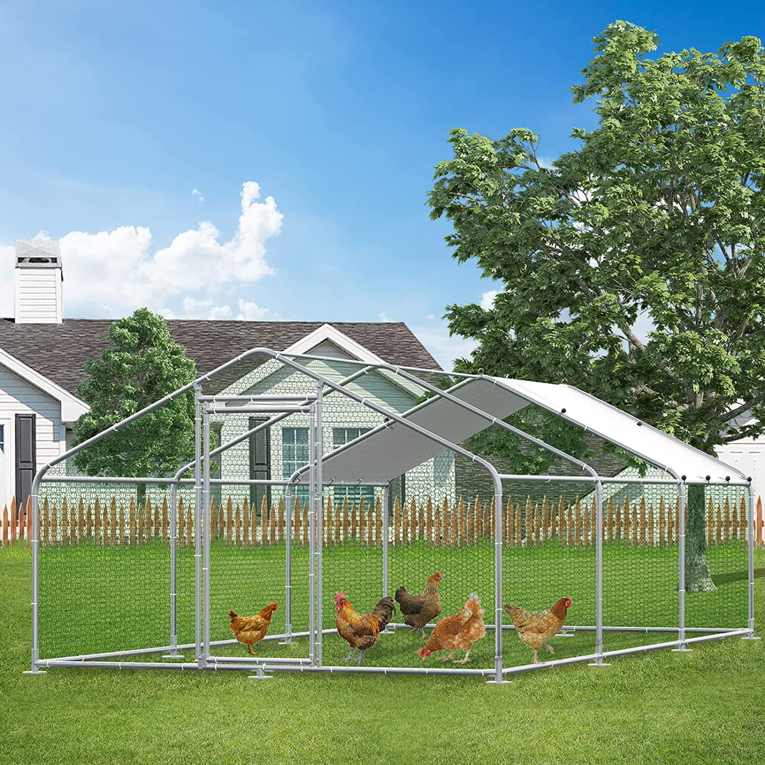 MEETWARM Large Metal Chicken Coop Run, Walk-in Poultry Cage Chicken Run Pen, Duck Rabbits House Spire Shaped Coop with Waterproof Anti-UV Cover for Outdoor Farm Use