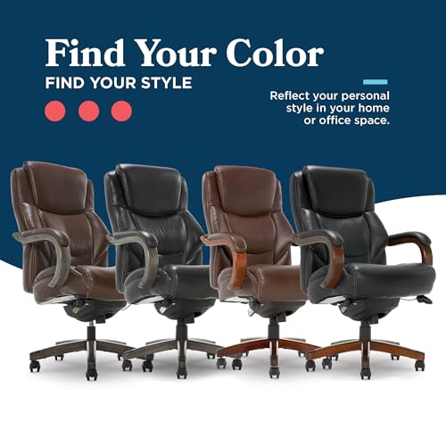 La-Z-Boy Delano Big & Tall Executive Office Chair, Ergonomic Mid-Back Body Pillow Lumbar Support, ComfortCore Memory Foam Cushion, Mahogany Wood Arms & Swivel Base, Bonded Leather, Chestnut Brown