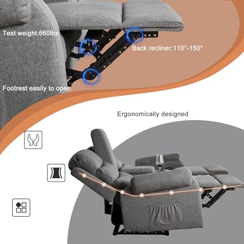 Reclining Loveseat, Manual Loveseat Recliner Sofa, RV Theater Seating with Storage Console, Double Wall Hugger Recliners 2 Seater with Cup Holders for Living Room (Grey)