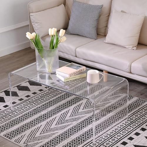 Acrylic Coffee Table, 44" L x 16" W x 16" Hx 4/5'' Thick Rectangle Clear Coffee Table, Modern Lucite Coffee Table Acrylic Furniture, Waterfall Coffee Table for Living Room, Office and Bedroom