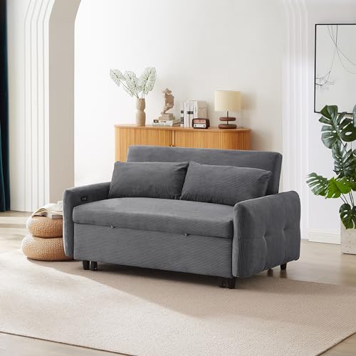 Merax Pull-Out Sofa Bed with Adjustable Backrest and Comfy Throw Pillows, 2 Seat Loveseat & USB Ports, 3 in 1 Convertible Couch Sleeper for Living Room, Apartment, Office, Small Spaces, Light Blue