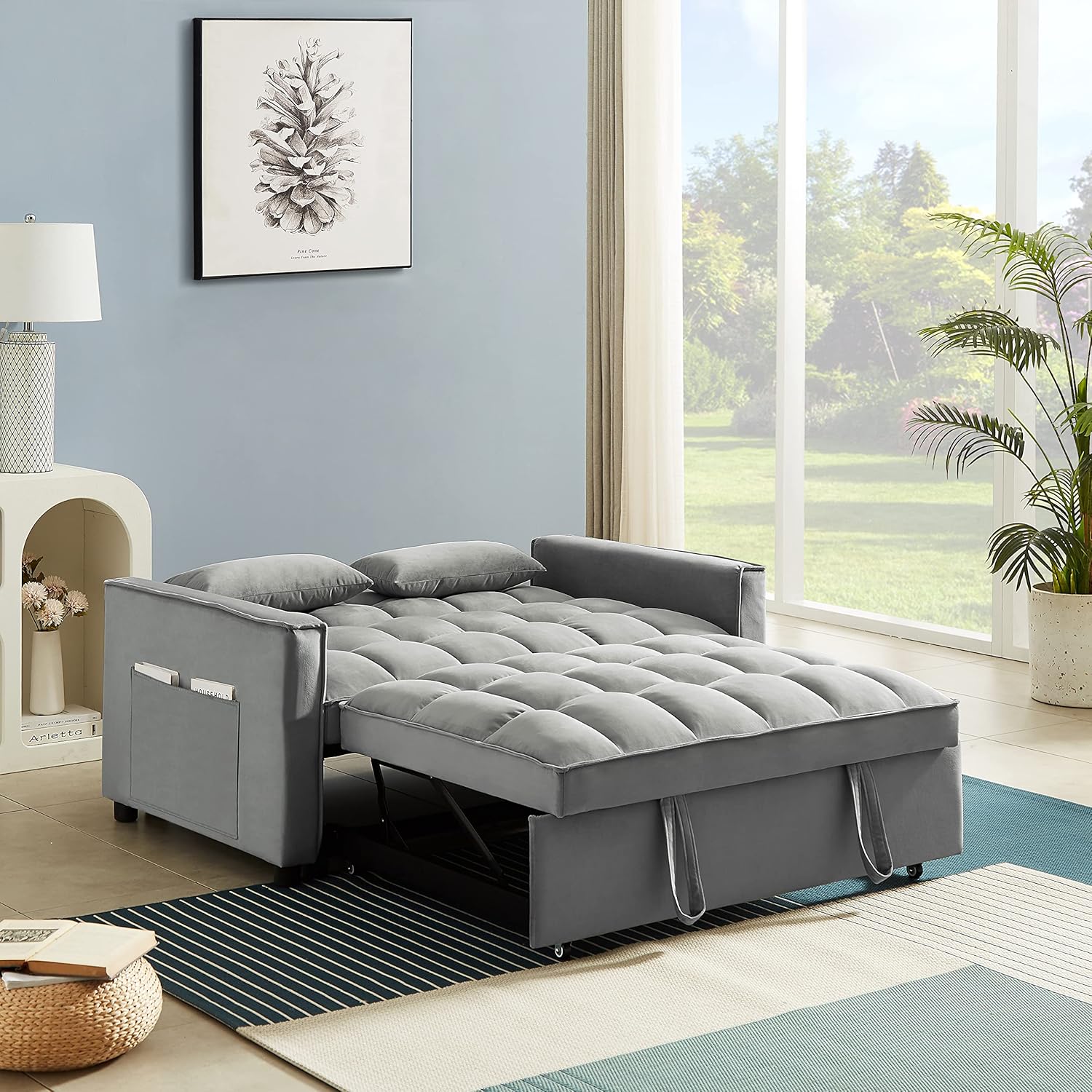 Eafurn 3 in 1 Multi-Functional Convertible Sleeper Sofa Bed, Modern Futon Loveseat Pull Out Couch with Reclining Adjustable Backrest & Side Pockets for Apartment Living Room Bedroom, Grey 55.2"