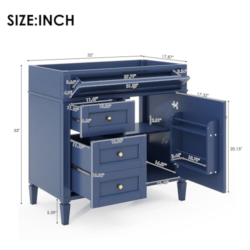 36" Bathroom Vanity Without Sink,Modern Bathroom Storage Cabinet with 2 Drawers and a Tip-Out Drawer,Solid Wood Frame,Easy Assmebly(Blue)