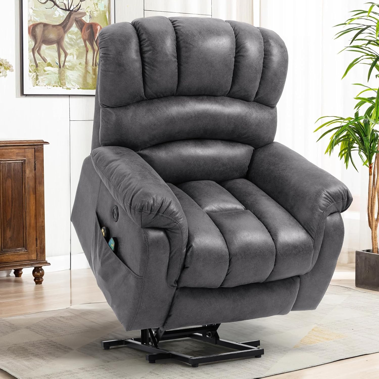 VIVIJASON Tall Man Large Power Lift Recliner Chair with Extended Footrest for Elderly, Overstuffed Wide Electric Lift Chair with Heat & Massage, 2 Remote Controls, Side Pockets & USB Ports, Gray