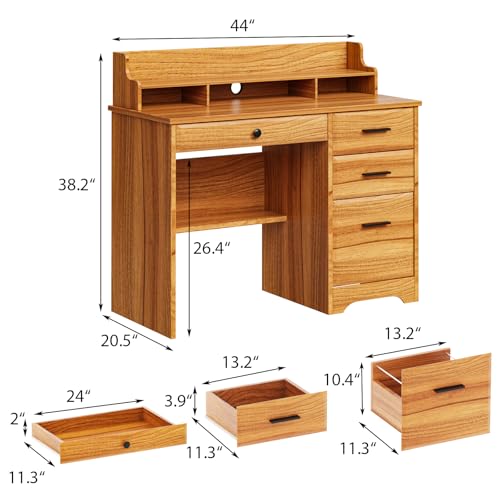4 EVER WINNER Computer Desk with Storage Drawers and Hutch, 44 Inch Farmhouse Writing Study Desk with Monitor Stand for Small Space, Home Office Desks Wooden Desk for Bedroom, Home Office, White