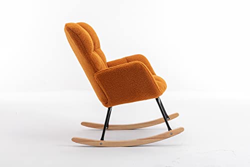 Rocking Chair, Wool Upholstered Glider Rocker with High Backrest, Padded Seat and Curved Legs for Living Room Bedroom Offices, Ergonomic Tufted Armchair Mid Century Style, Ivory White