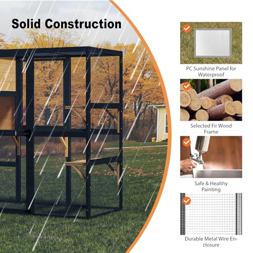 Catio Outdoor Cat Enclosure, Large Cat House for Mulitiple Cats Walk in Cat Cage with Waterproof Cover and Sunshine Panel Roof, Feral Cat Shelter with 7 Platforms and 2 Resting Box, 72 inch