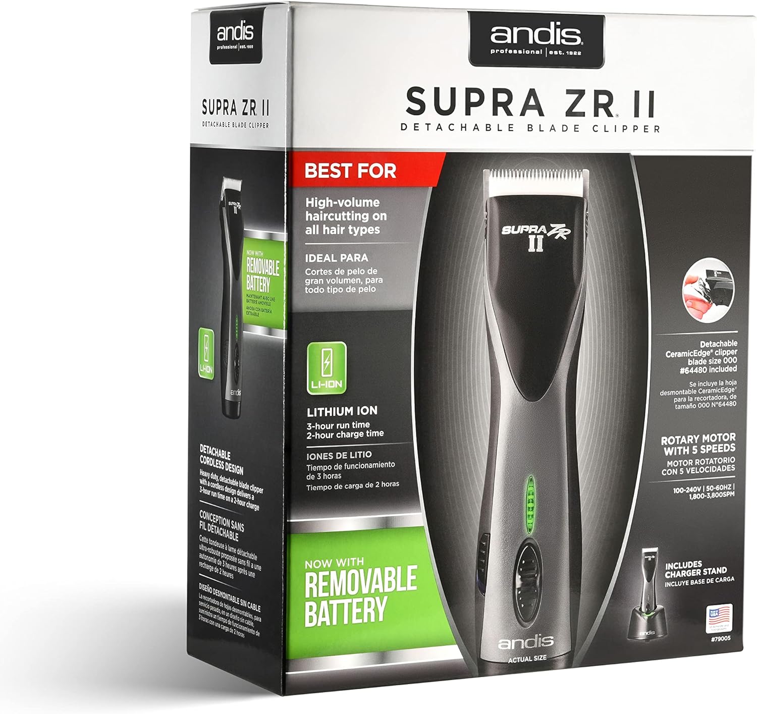 Andis Supra ZR II Cordless Ion Clipper DBLC-2 (79005) - Bundled with BeauWis Blade Brush