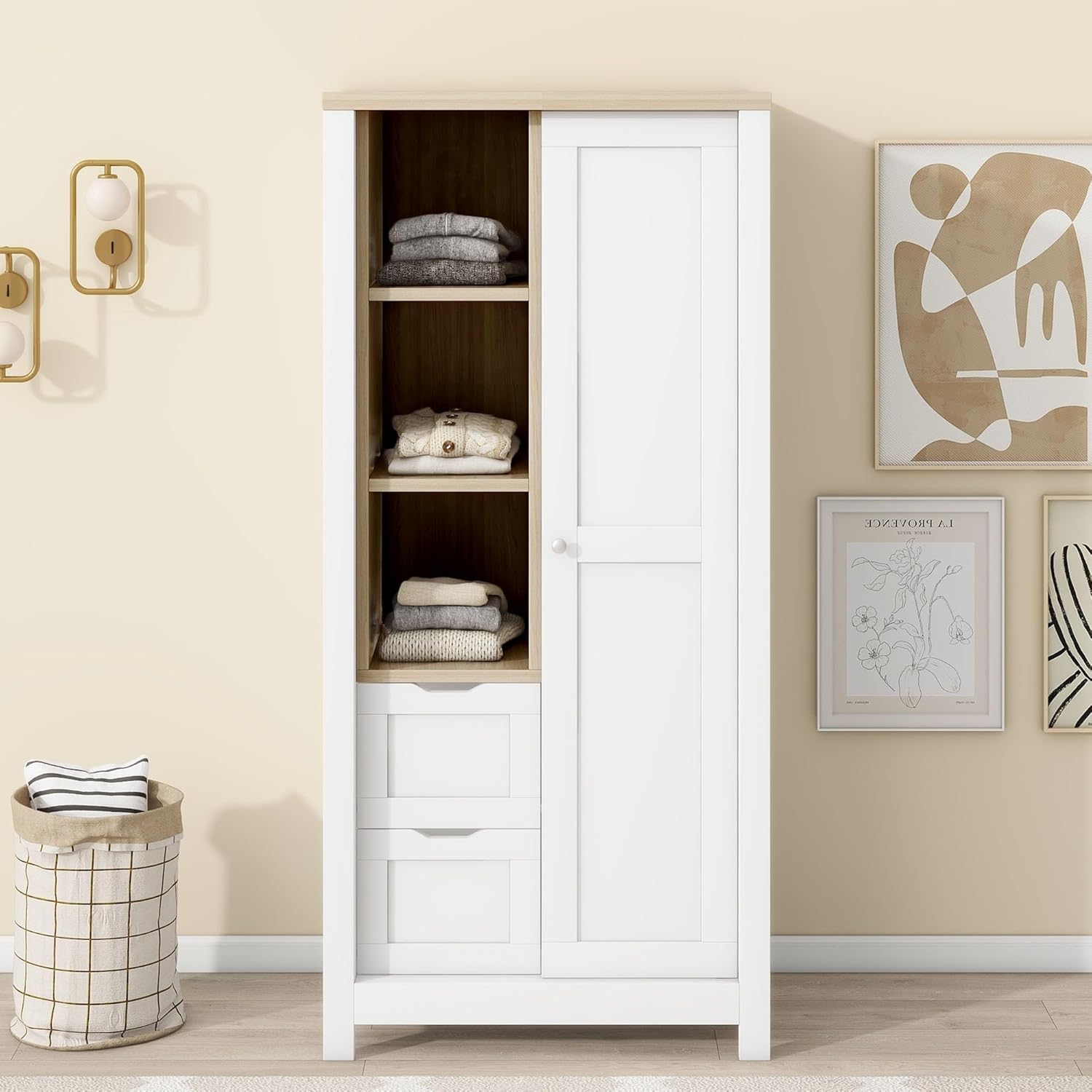 Armoire Wardrobe 1 Sliding Door and 2 Drawers, Clothes Cabinet with Hanging Rod, Freestanding Wooden Closets Organization for Bedroom, 31.4″x20.6″x68.3″, White