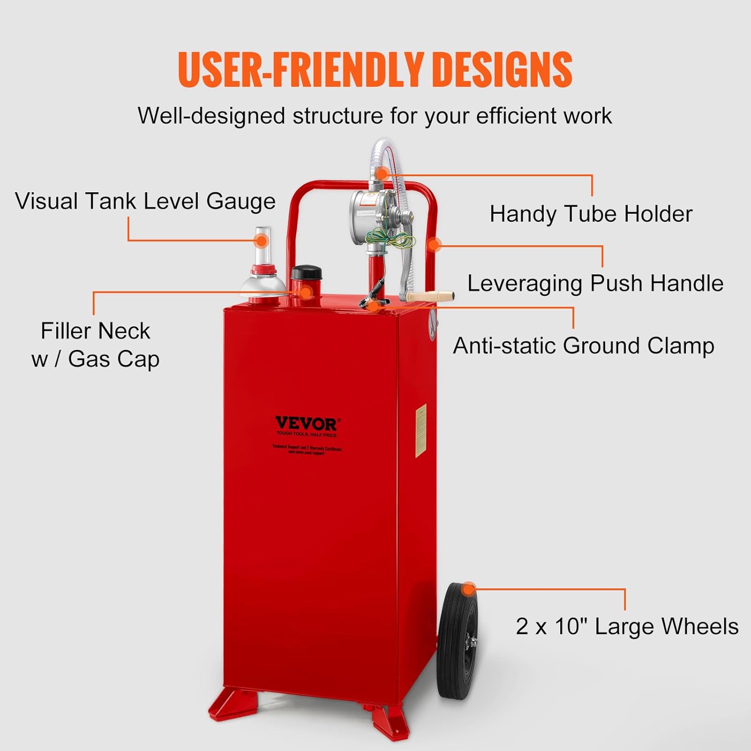 VEVOR 30 Gallon Portable Gas Caddy, Fuel Caddy Fuel Storage Tank with 2 Wheels & Manual Transfer Pump, Gasoline Diesel Fuel Container for Cars, Lawn Mowers, ATVs & Boats, Red