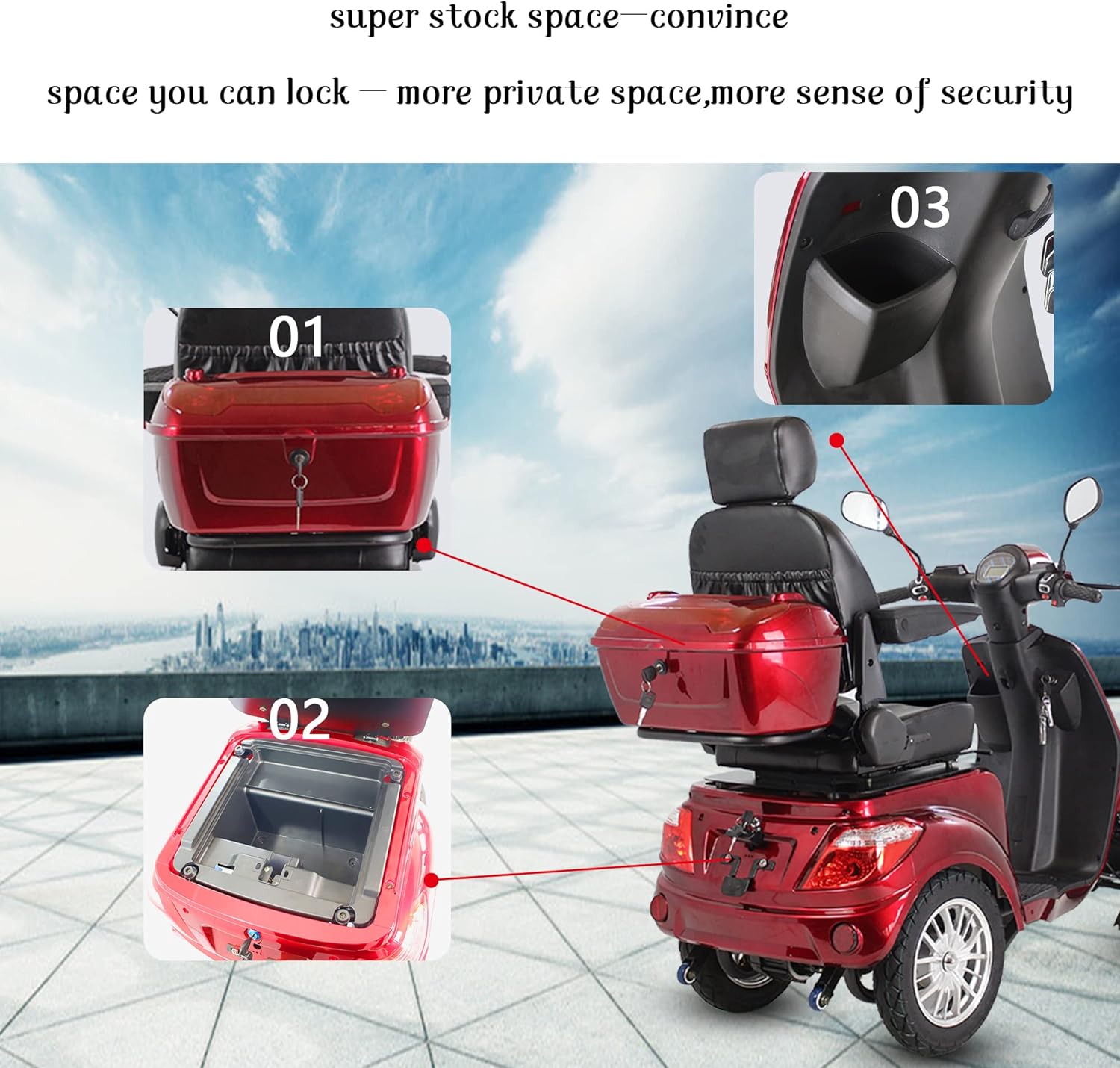 Powered Medical Mobility Scooter with Adjustable Seat Four Wheels for Adults & Seniors,Adult Electric Powered Wheelchair Device,Father's Day Gift，Heavy Duty Mobile Scooter，Red