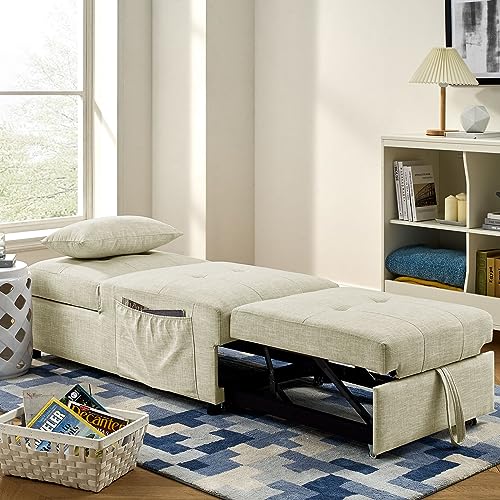 Sofa Bed Chair Sleeper, Modern 4-in-1 Convertible Sleeper Chair Bed,Breathable Fabric Sleeper Ottoman Bed for Bedroom Living Room Apartment Small Space. (Beige)