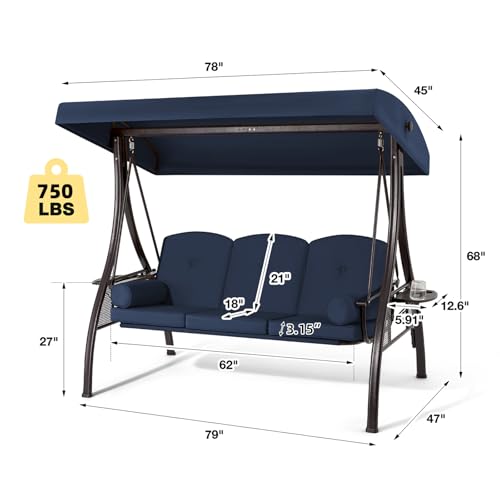 HOMREST 3 Person Outdoor Porch Swing with 1.5" Deep Cup Holder, Adjustable Canopy, Backrest, Patio Swing Bed with Weather Resistant Steel Frame, Cushions for Garden,Deck and Poolside(Blue)