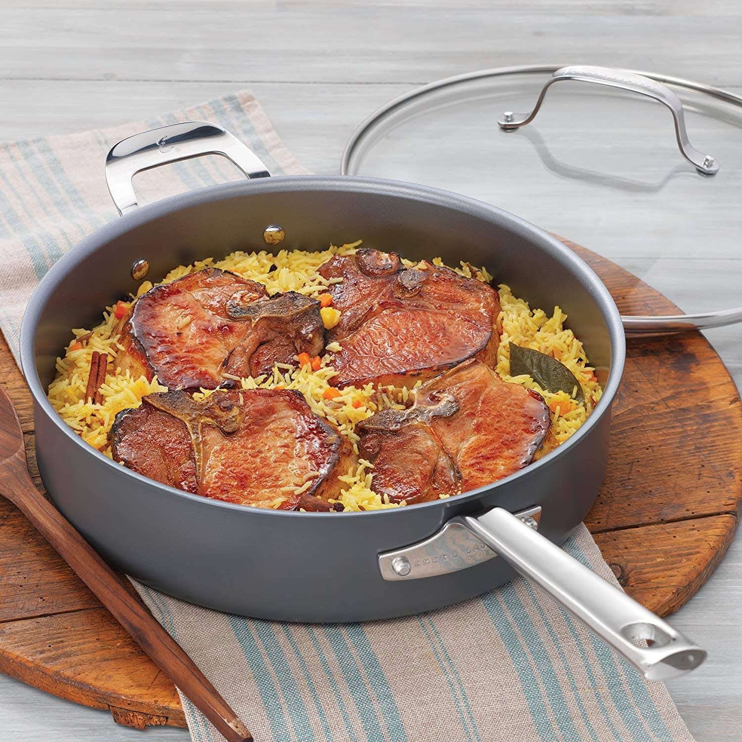 Emeril Lagasse Saute Pan, Deep, Covered, Hard Anodized, 5-Quart