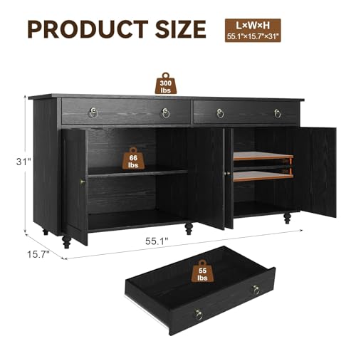 4 EVER WINNER Buffet Cabinet with Storage, 55" Sideboard Buffet Cabinet with 2 Drawers and 4 Doors, Modern Farmhouse Coffee Bar Cabinets, Wood Buffet Table for Kitchen, Dining Room, White