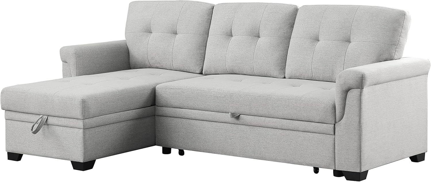 FANYE L-Shaped Linen Tufted Upholstered Reversible Sleeper Sectional Sofabed Modern Corner Convertible Sofa with Pull Out Sleep Couch Bed,Storage Chaise Daybed and Padded Armrest, 84.0", Light Gray