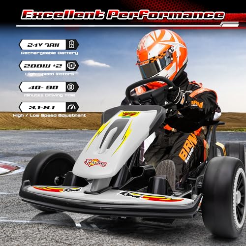 24V Electric Go Kart for Kids, 400W Drift Cart with EVA Tires, High/Low Speed, Max Speed 8.1 MPH, Music, Wireless, Electric Crazy Go-Kart Outdoor Ride on Toy for Kids Ages 6+, Red