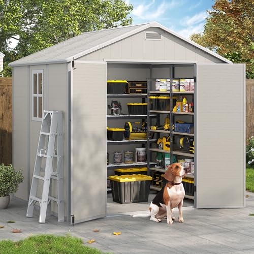 Outdoor Storage Shed, 6x6 FT Resin Shed with Floor and Lockable Door, Window, Vents, Tool Sheds and Outdoor Storage for Bike, Garden Accessories, Tools, Waterproof (Grey & White)