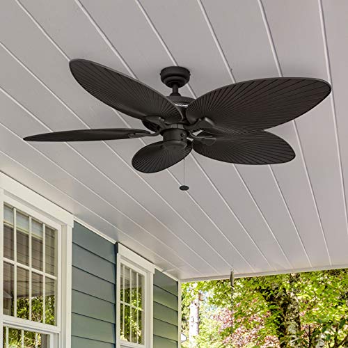 Honeywell Ceiling Fans Palm Lake, 52 Inch Tropical Indoor Outdoor Ceiling Fan with Light, Pull Chain, Three Mounting Options, 5 Palm Leaf Blades, Reversible Motor - 50509-01 (White)