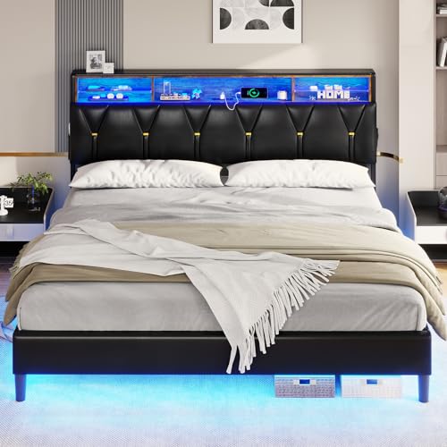 Full Size Bed Frame with Headboard Storage & LED Lights, Platform Bed Frame Full Size with Charging Station, Velvet Upholstered Bed with Shelf Headboard, No Box Spring Needed, Creamy White