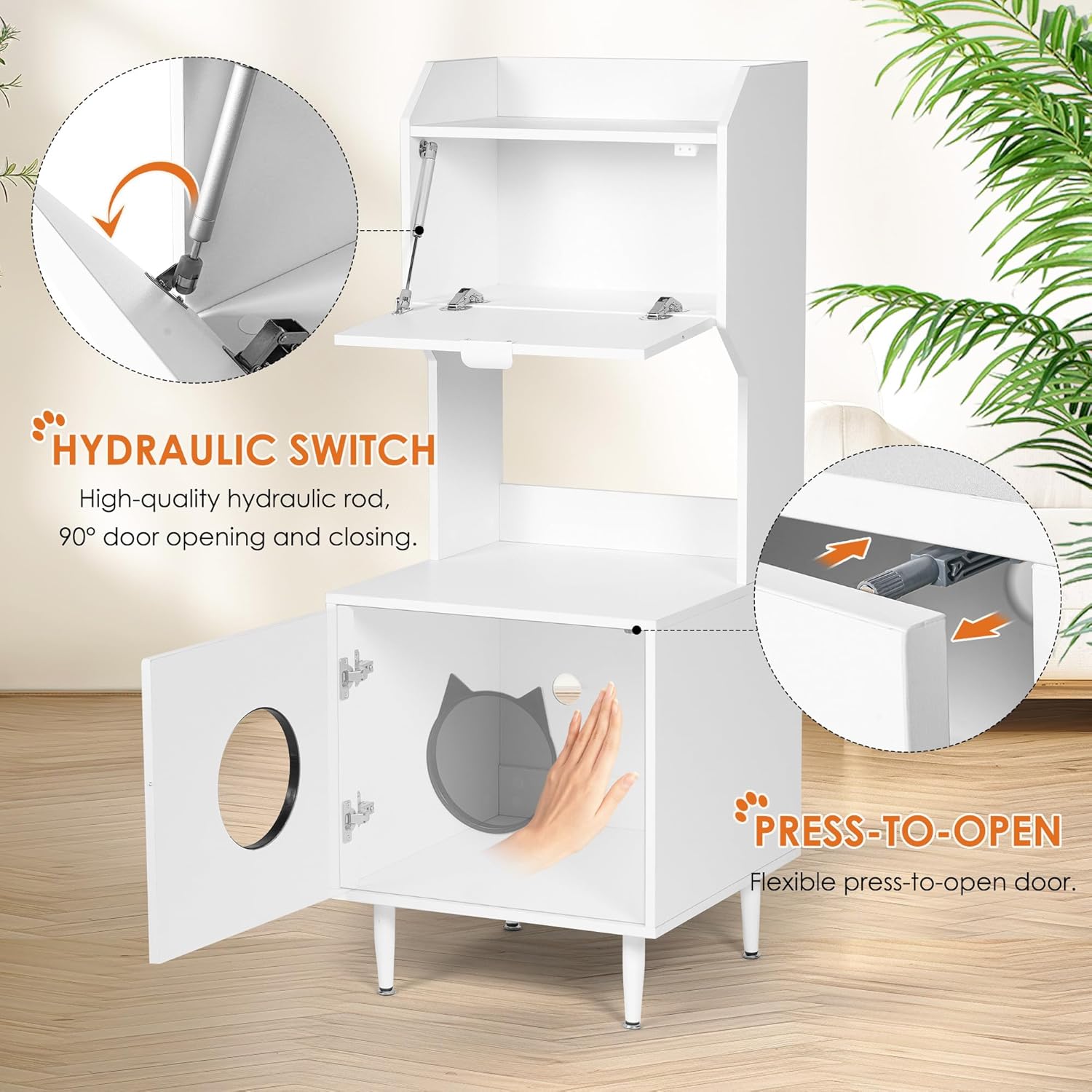 Litter Box Enclosure with Storage Shelves and Cabinet, White Wooden Hidden Cat Litter Box Furniture Industrial Indoor Cat House Washroom Pet Crate,Anti Tipping Design,Suitable for All Cats