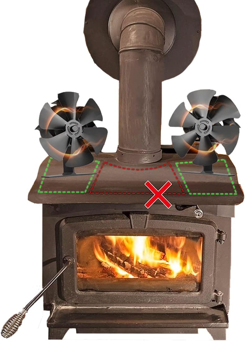 TEENGSE Heat Powered Wood Stove Fan 6 Blades with Thermometer, Silent Fireplace Top fan for Home Wood Burning Heater Burner Silent Eco-Friendly High Efficient Thermal Heat Distribution Accessory-Black Pack of 2