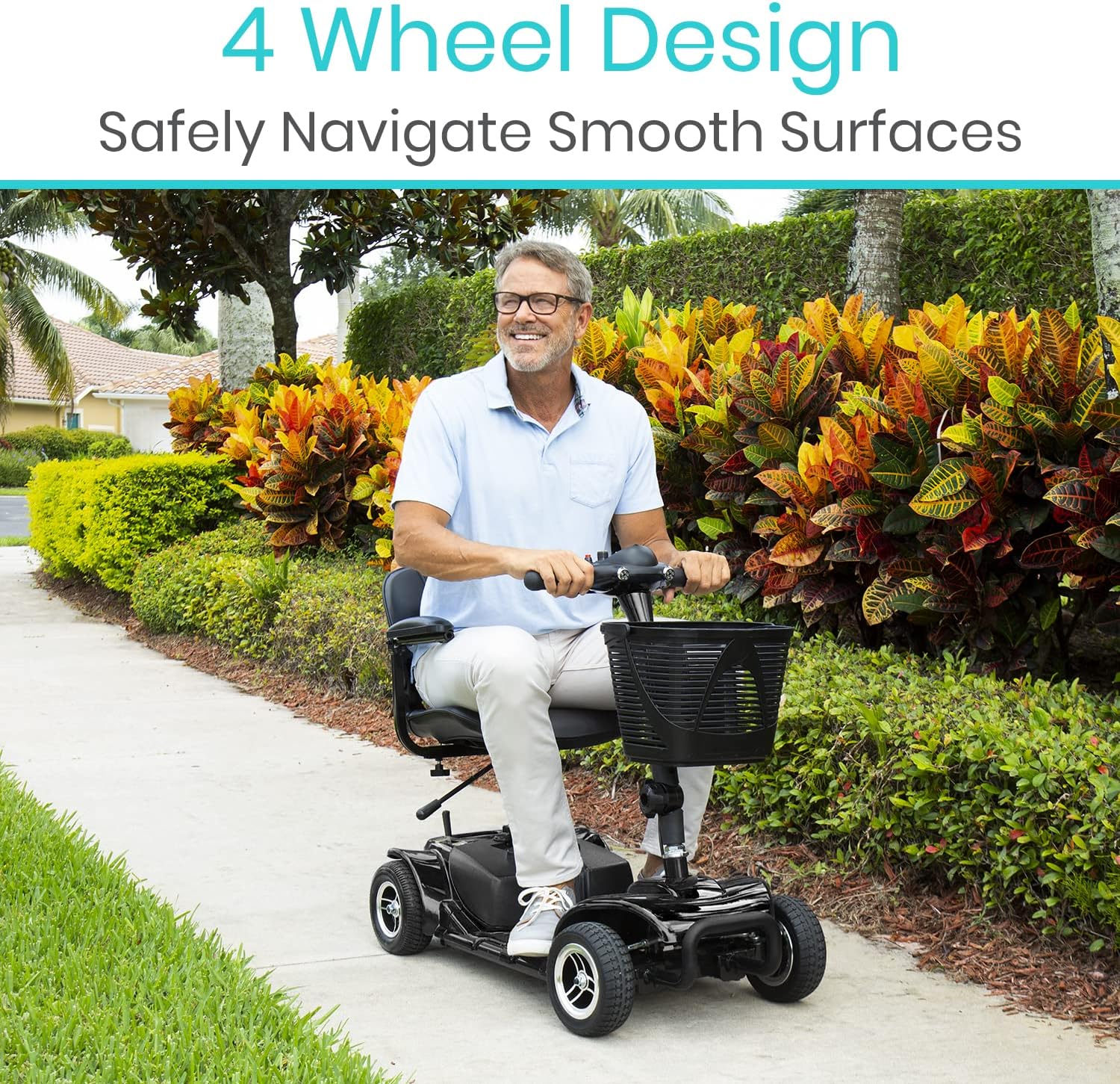 Vive 4 Wheel Mobility Scooter - Electric Powered Wheelchair Device - Compact Heavy Duty Mobile for Travel, Adults, Elderly - Long Range Power Extended Battery with Charger and Basket Included