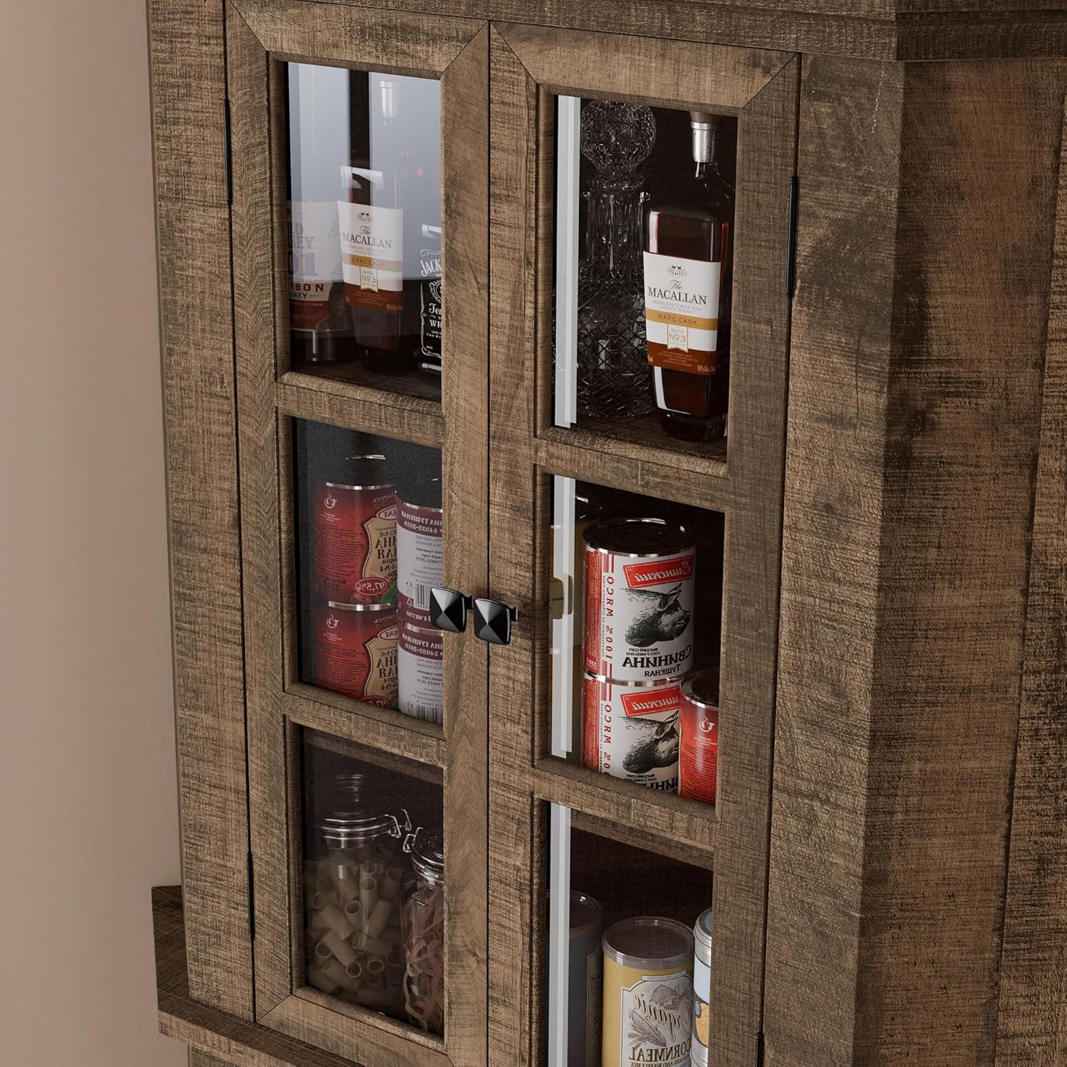 Corner Storage Cabinet, 67" Kitchen Corner Pantry Cabinet with Glass Doors, Farmhouse Tall Corner Curio Display Cabinet with Adjustable Shelves for Dining Room, Living Room, Rustic Brown