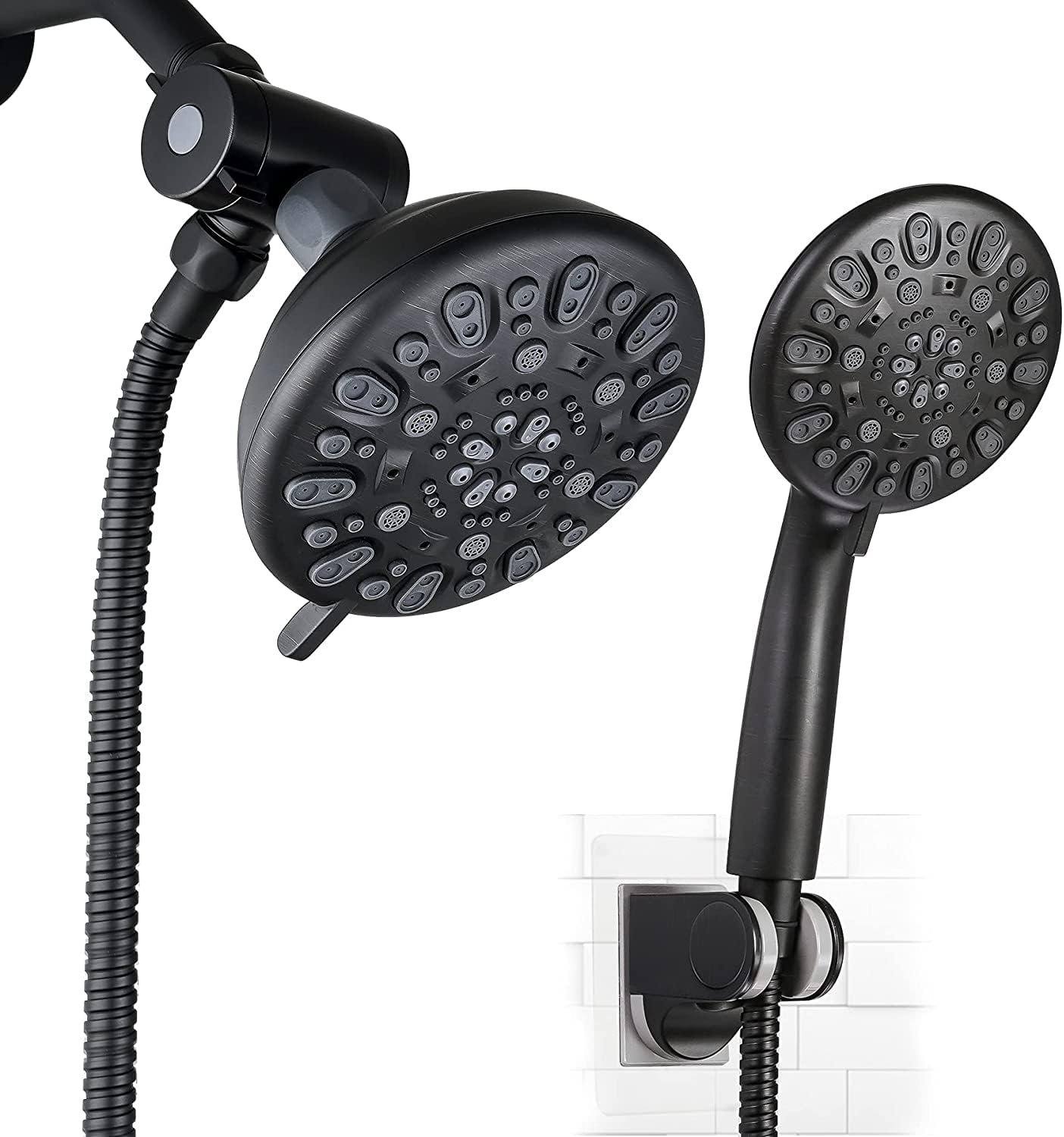 High Pressure Shower Head Rainfall Combo with Handheld Shower Head, 5-inch Face 7-spray , 3-way Water Diverter, Adhesive Shower Head Holder, 7-setting Hand held Shower Heads with Hose Brushed Nickel Pack of 2