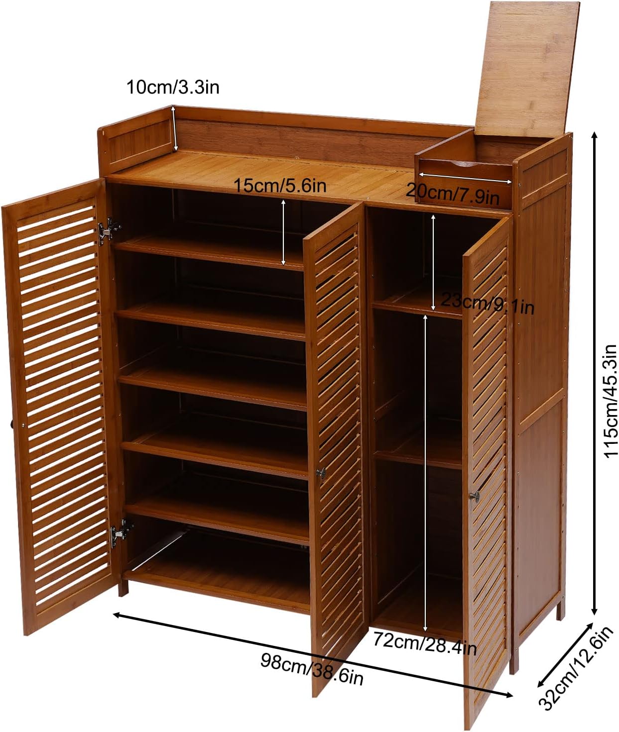 7-Tier Shoe Storage Rack with 3 Doors, Bamboo Rack Organizer Cabinet Wood Freestanding Shoe Storage Cabinet for Entryway Hallway Closet, 38.6" L×12.6" W×45.3" H