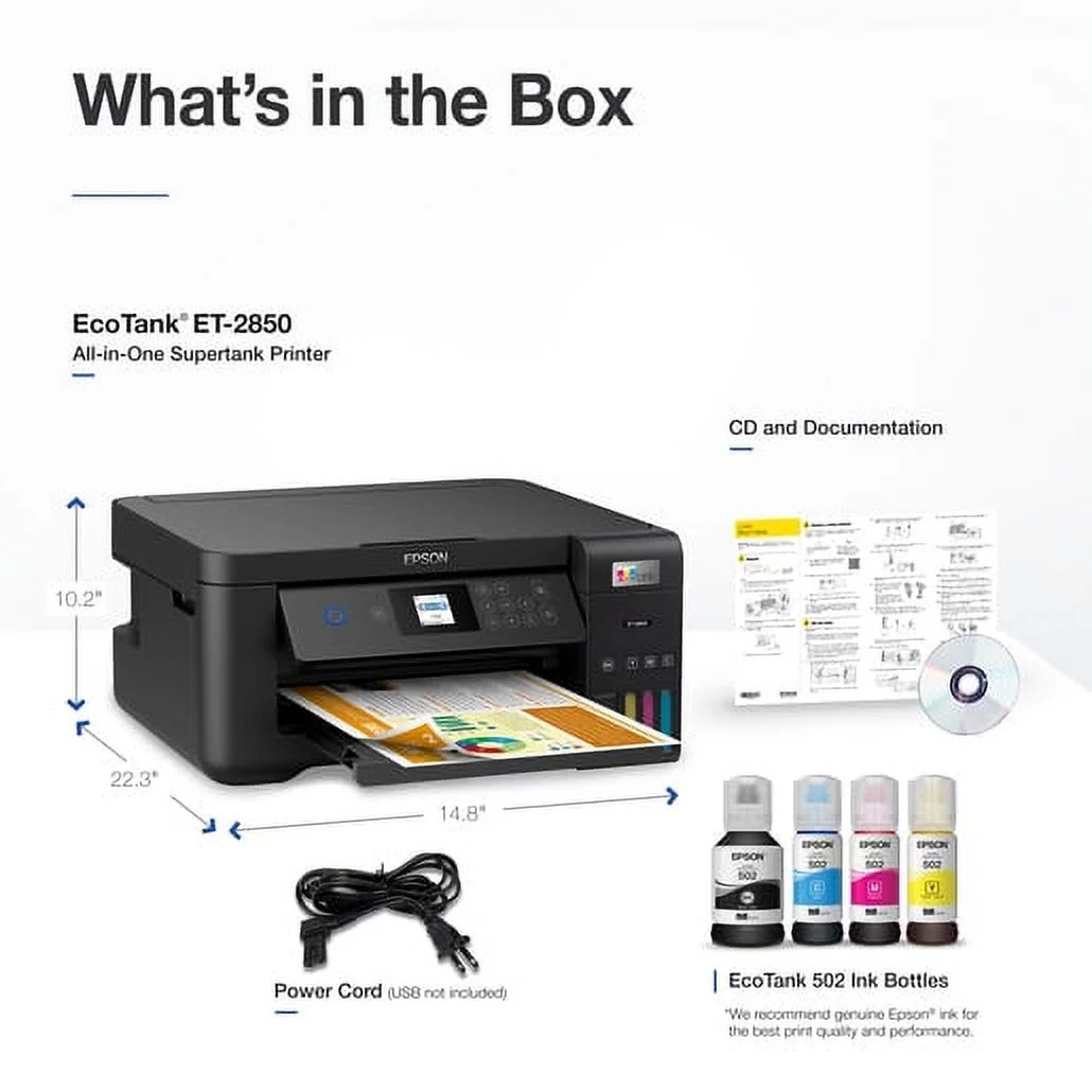 Epson EcoTank ET-2850 Wireless Color All-in-One Cartridge-Free Supertank Printer with Scan, Copy and Auto 2-sided Printing ? The Perfect Family Printer