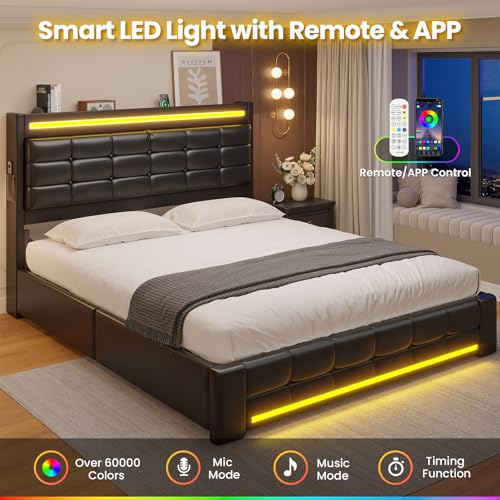 ADORNEVE Queen Bed Frame with Storage Headboard & 4 Drawers, LED Bed Frame Queen with Charging Station, Leather Upholstered Platform Bed Frame with Button Tufted, No Box Spring Needed, Black PU
