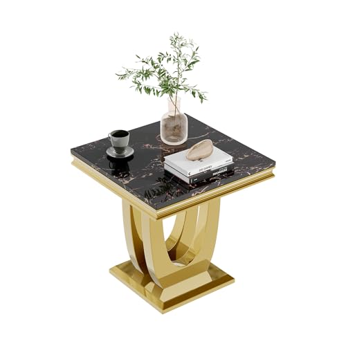Modern Luxury Faux Marble End Table with Polished Silver Stainless Steel U Base Square White Marble Side Table Elegant Small Bedside Table for Living Room Bedroom Office