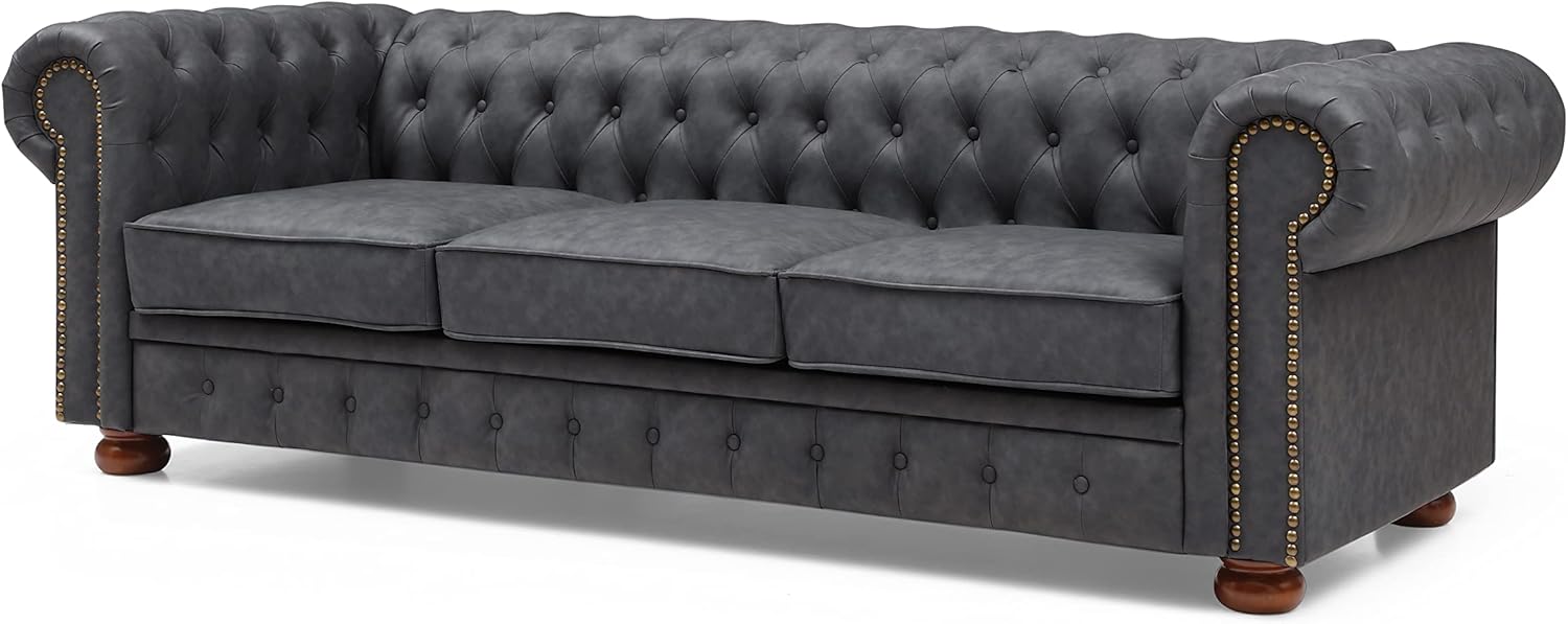 Classic Chesterfield Sofa Dark Grey Faux Leather