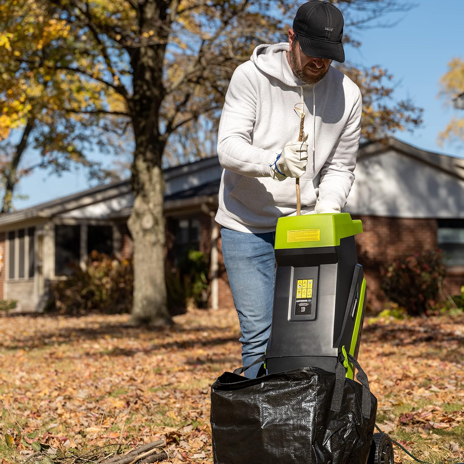 Earthwise Power Tools by ALM GS015 15-Amp Electric Corded Chipper/Shredder with Collection Bag, Green/Black