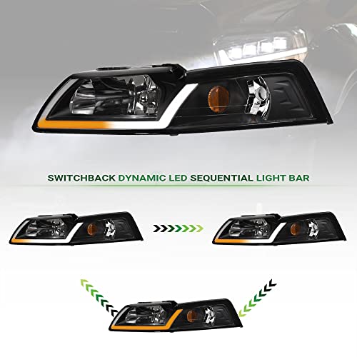 7422440591543 Compatible With 1999-2004 Ford Mustang Switchback Sequential LED Strip Bar Chrome Housing Headlights With Amber Reflector