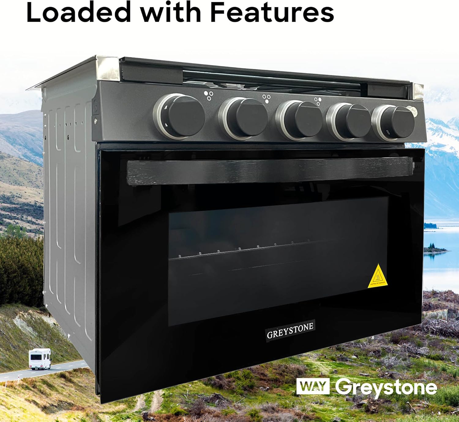 Greystone, 21 Inch RV Gas Range, Stove and Oven Combo, 12 Volt, LP, 3 Burners, Stainless Steel Trim with Black Fixtures