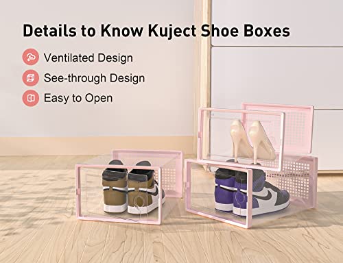 Kuject X-Large Shoe Storage Boxes Organizers Clear Plastic Stackable 12 Pack, Shoe Rack & Holder Substitute, Sneaker Containers, Toy Storage Organizer Bins for Entryway, Closet, Under Bed, Black