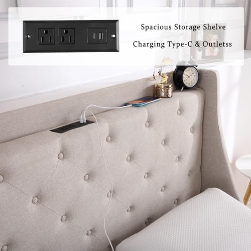 Full Size Bed Frame with Charging Station,Upholstered Platform Bed with Button Tufted Storage Headboard Wingback and 4 Storage Drawers,No Need for a Box Spring, Wood Slat Support, Easy to Assemble