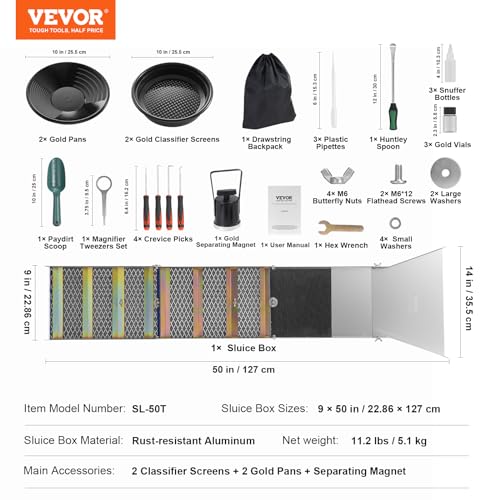 VEVOR Complete Sluice Box Gold Panning Kit, 50" Folding Aluminum Alloy Gold Mining Equipment, 23 PCS Gold Prospecting Kit with Gold Pan, Classifier Screen, Separating Magnet, Backpack and More
