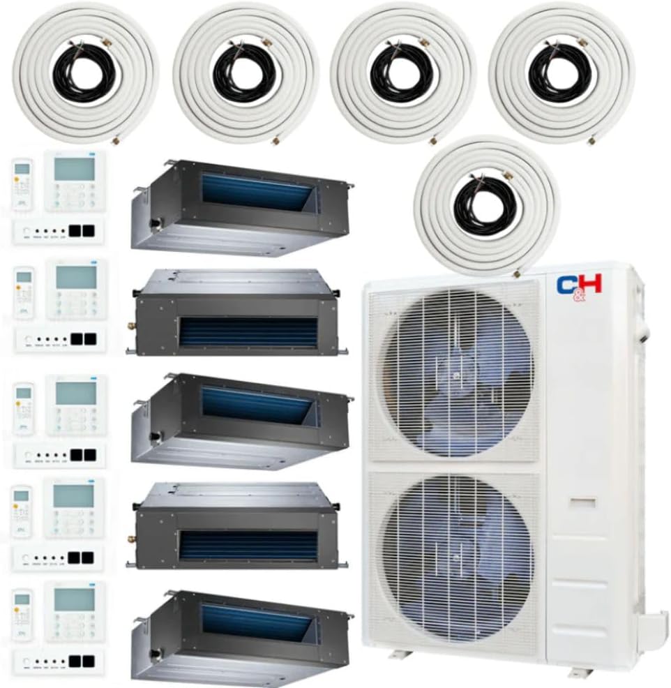 48,000 BTU 5 Zone 9k+9k+9k+9k+9k Concealed Duct Mini Split with Installation Kits, 20.5 SEER2 4 Ton Penta Zone Five Zone Slim Duct Air Conditioners